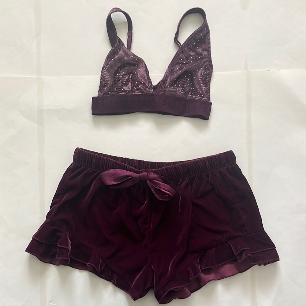 Victorias Secret Luxurious Purple Velvet Sleepwear Set with Triangle Bralette